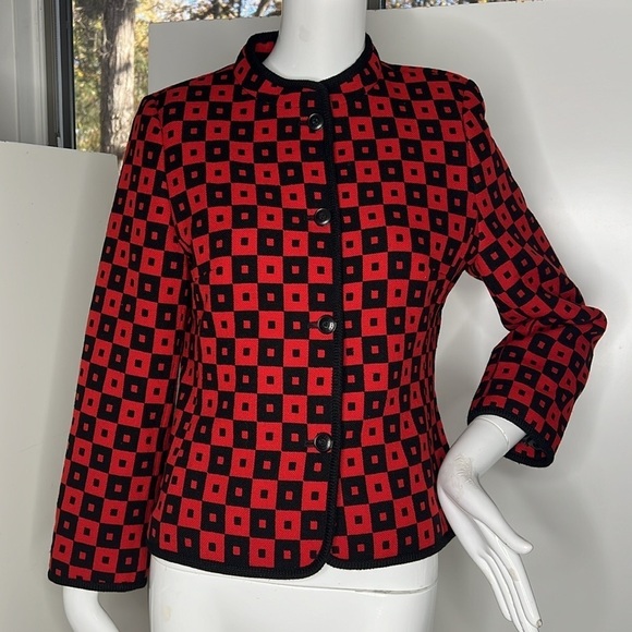 Louis Feraud Sz 8 Knit Wool Red Black Lined Front Button Jacket - Picture 1 of 10
